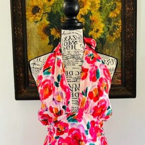 Pink Floral Halter Dress - Pink & Red Watercolor Print